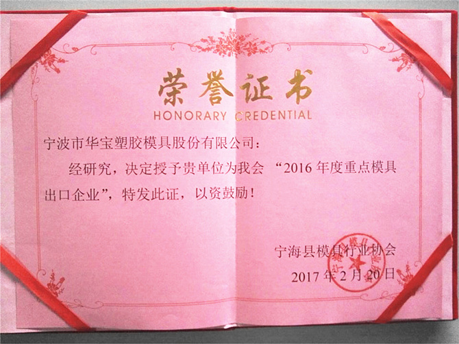 華寶公司榮獲寧?？h模具行業(yè)協(xié)會“2016年度重點模具出口企業(yè)”